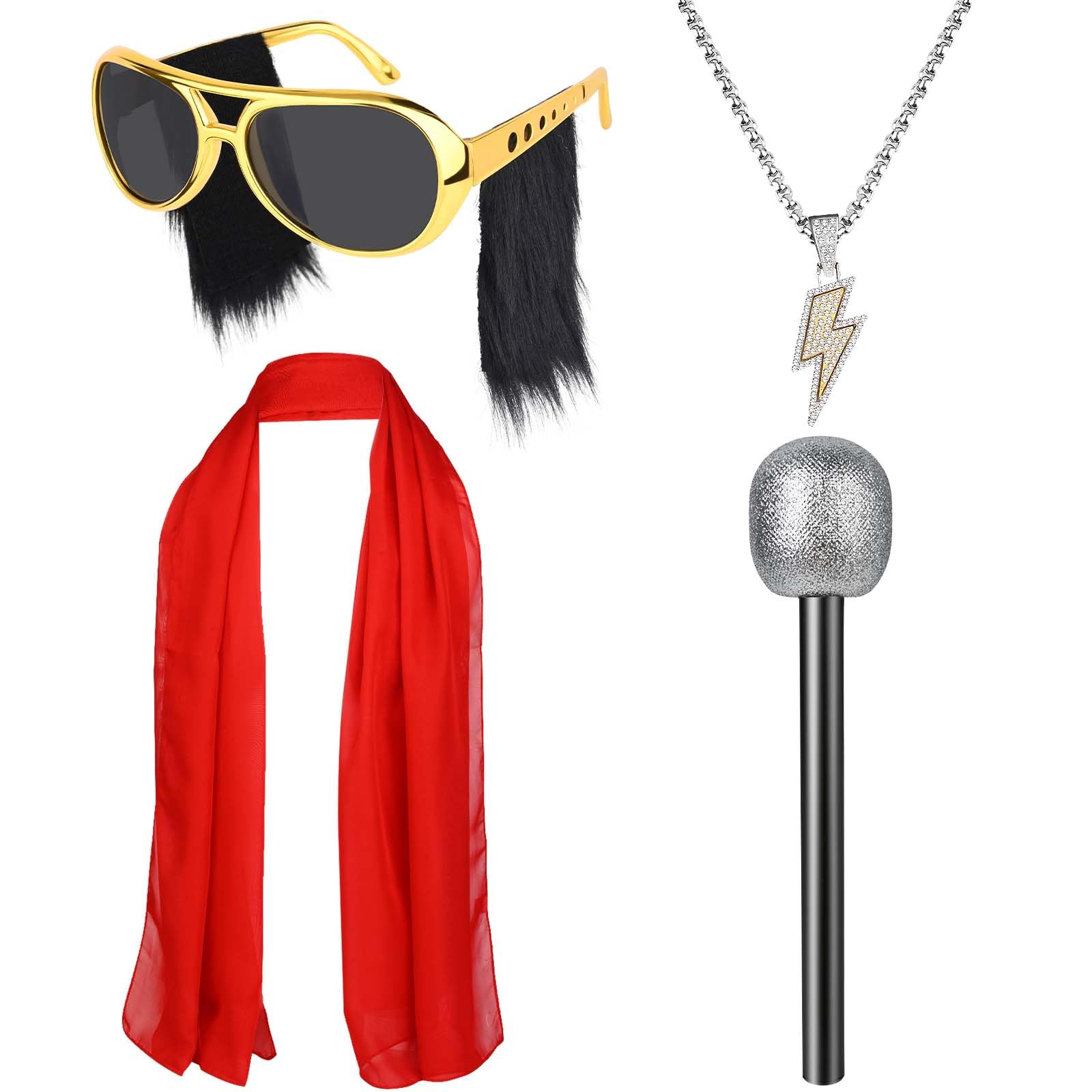 Photo 1 of Kavoc 4Pcs Men's 50s Rock Legend Star Costume Include Sunglasses with Sideburns Red Scarf Lightning Necklace and Toy Stage Microphone for Halloween Rock and Roll Disco Party Cosplay