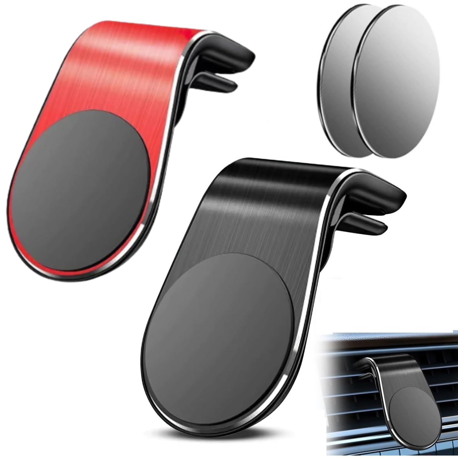 Photo 1 of MINGJING 2-Pack Strong Magnetic Car Phone Holder - 360° Rotatable L-Shape Air Vent/Dashboard Mount for iPhone, Samsung, Huawei - Super Sticky Magnet, (Black + Red)