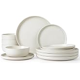 Famiware Milkyway 12-Piece Stoneware Dinnerware Set, Matte Beige White | Plates and Bowls for 4, Reactive Glaze Dish Set, Microwave &amp; Dishwasher Safe, Chip &amp; Scratch Resistant