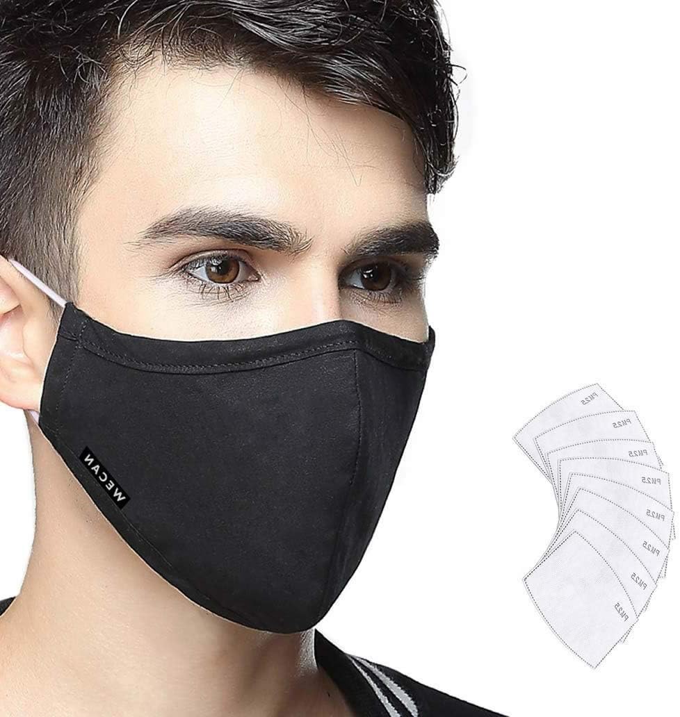 Cotton Mouth Masks Replaceable Filter (One Mask + 8 Filters) 4 Layer Activated Carbon Filter Insert Dust Mask Washable For Men Blcak
