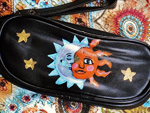 Boho Sun Moon Stars Black Leather Wristlet Eyeglass Sunglass Case Bohemian Accessories for Women