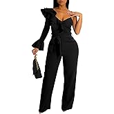 chicyes Women's Jumpsuits Dressy Off Shoulder Long Sleeve V Neck Rompers Wide Leg Pants Summer Vacation Sexy Club Outfits