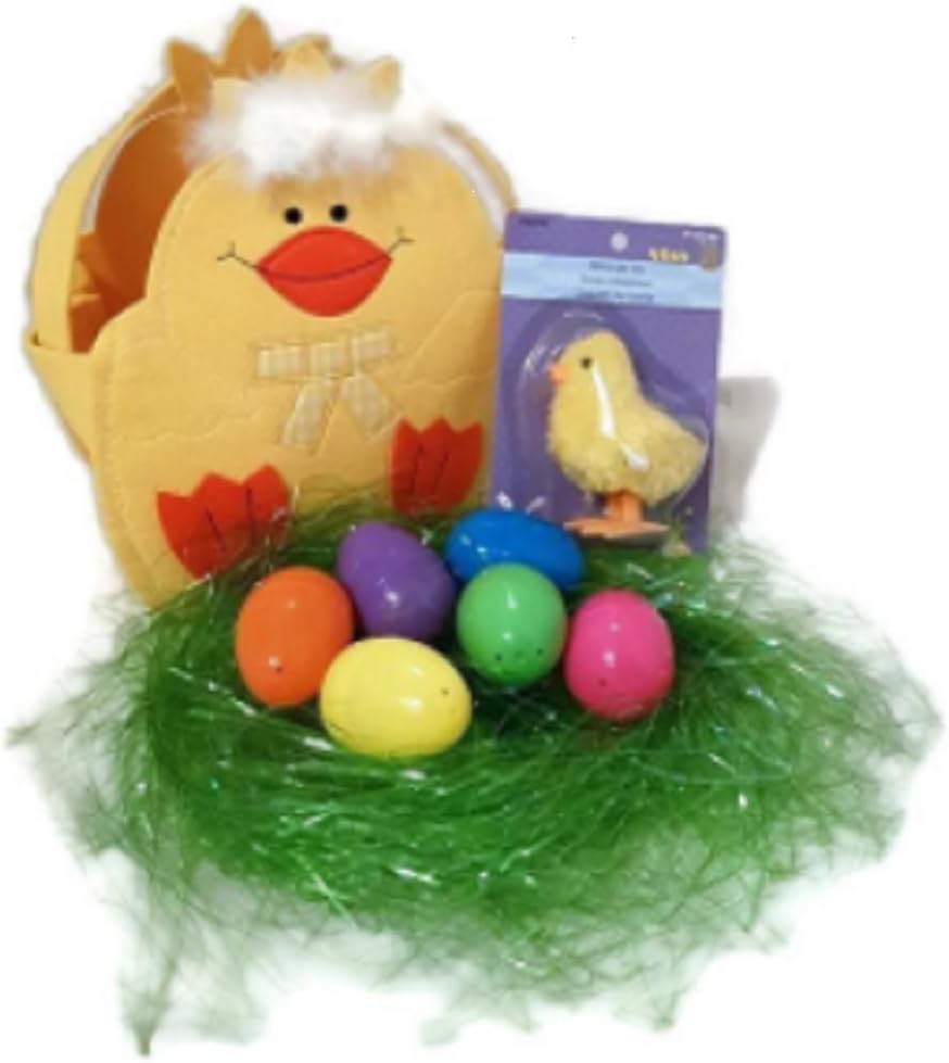 Easter Bag Bundle for Children Your Choice of Chick and Bunny Felt Design Easter Egg Basket with Green Grass, 6 Fillable Plastic Eggs and a Wind-Up Hopping Chicken Toy for Easter Egg Hunt (Yellow)