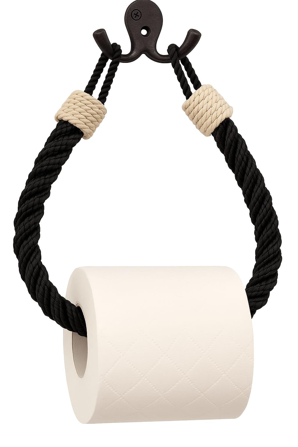 Assorted Collections Rope Toilet Roll Holder | Wall Mounted Jute Towel Holder with White Knots | Rustic Bohemian Nautical Bathroom Accessory | Easy to Install (Black Rope White Knot)