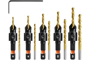 Saipor 11-Piece Countersink Drill Bit Set, HSS Counter Sink Drill Bit Set for Wood, Depth Adjustable, Sizes #4, #6, #8, #10, 