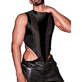EHSUYAB Mens Sexy Lingerie, Hook Crotch Thong High Cut Bodysuit Top Rave Outfit, Glossy Mock Neck Sheer Singlet Muscle Suit
