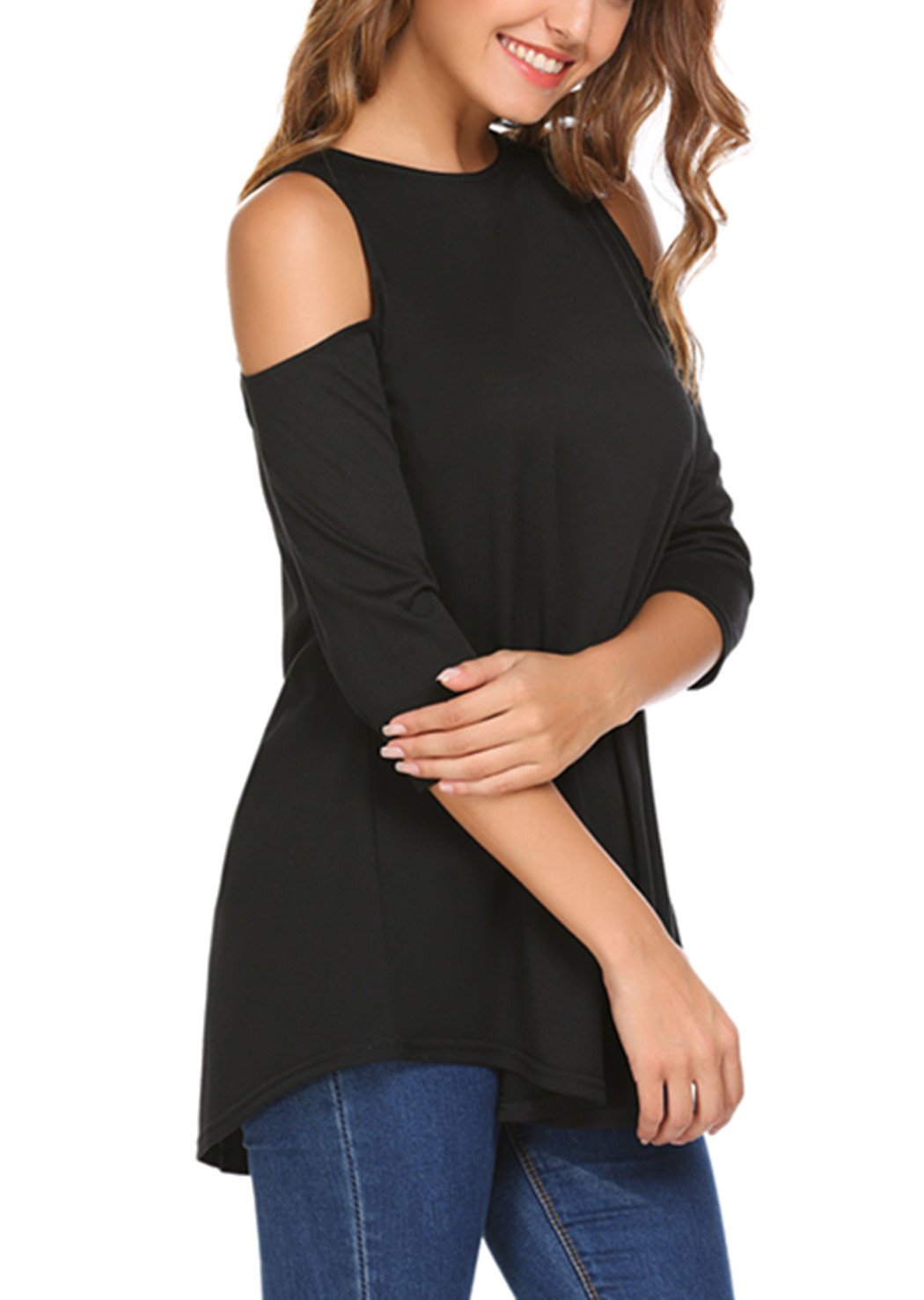 Aceshin Womens Sexy Jersey 3/4 Sleeve Cold Shoulder Blouse Top Black