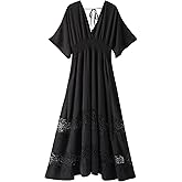 Olaesa Women's Lace Maxi Dress Short Sleeve V Neck Party Dress Smocked Waist Boho Maxi Dress Bohemian Dress for Women
