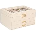 Voova Jewelry Box Organizer for Women Girls, 3 Layer PU Leather Jewelry Storage Case with Glass Lid & 2 Drawers, Large Jewellery Display Holder for Necklaces Rings Earrings Bracelets, Apricot
