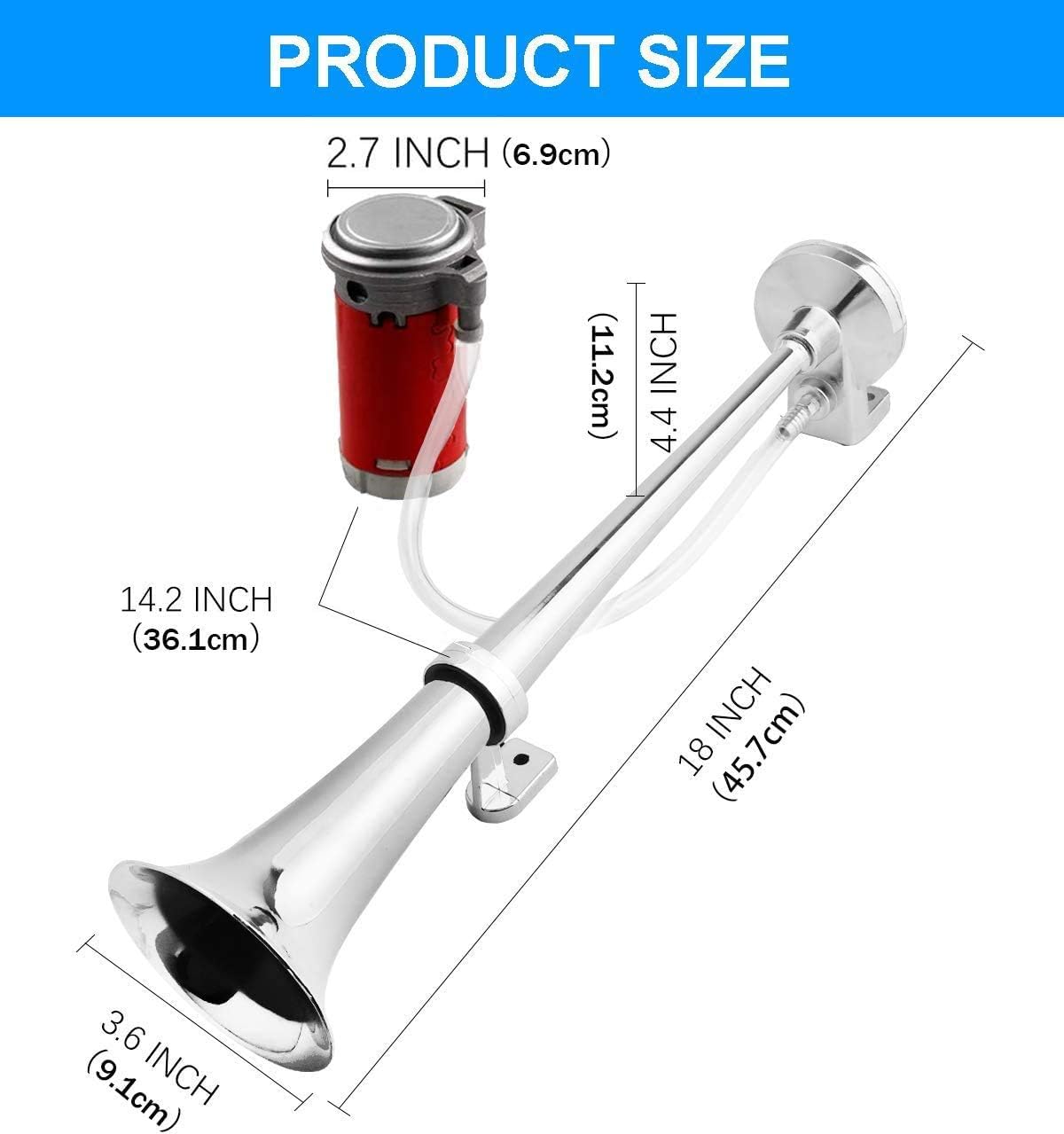 12V 150db Air Horn kit,Super Loud 18 Inches Chrome Zinc Single Trumpet