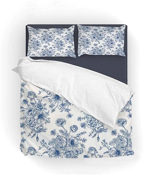 Amazon シングル 布団カバー アネモネの花 クイーン Queen 228x228 3点セット 寝具カバーセット マイクロファイバー 防ダニ ベッド用 洗える ビロケース 青い花の花束と花柄繊細なビクトリア朝デザイン装飾 寝具カバーセット オンライン通販