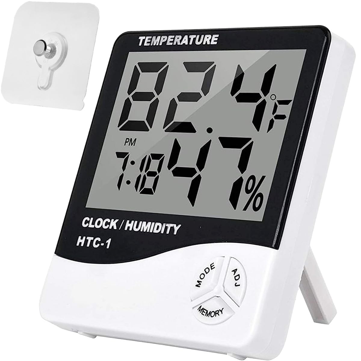 JYUDAUFU 2pcs HTC-1 Digital Thermometer Hygrometer Clock Alarm LCD Display Desktop Stand Wall Mount Temperature Humidity Monitor with sticky hook for Living Room, Warehouse,Office, Garden