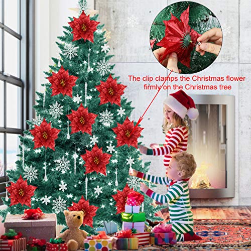 Outgeek 24 Pcs Poinsettia Christmas Flower Decoration and Icicles and Fixing Clip Set Christmas Glitter Artificial Flowers Red Christmas Tree Ornament