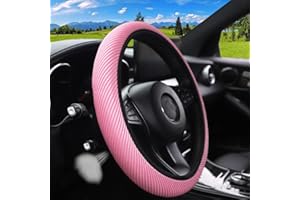 MRTIOO Breathable Stretch Elastic Steering Wheel Cover, Cool in Summer and Warm in Winter, Soft Microfiber Ice Silk Cloth Fabric, Universal 14.5-15 in, Fit Suvs, Vans, Sedans, Cars, Trucks - Pink