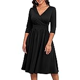 Nmoder Casual Wrap Dresses for Women A-Line Flared Church Midi Dress V Neck 3/4 Sleeve with Pockets