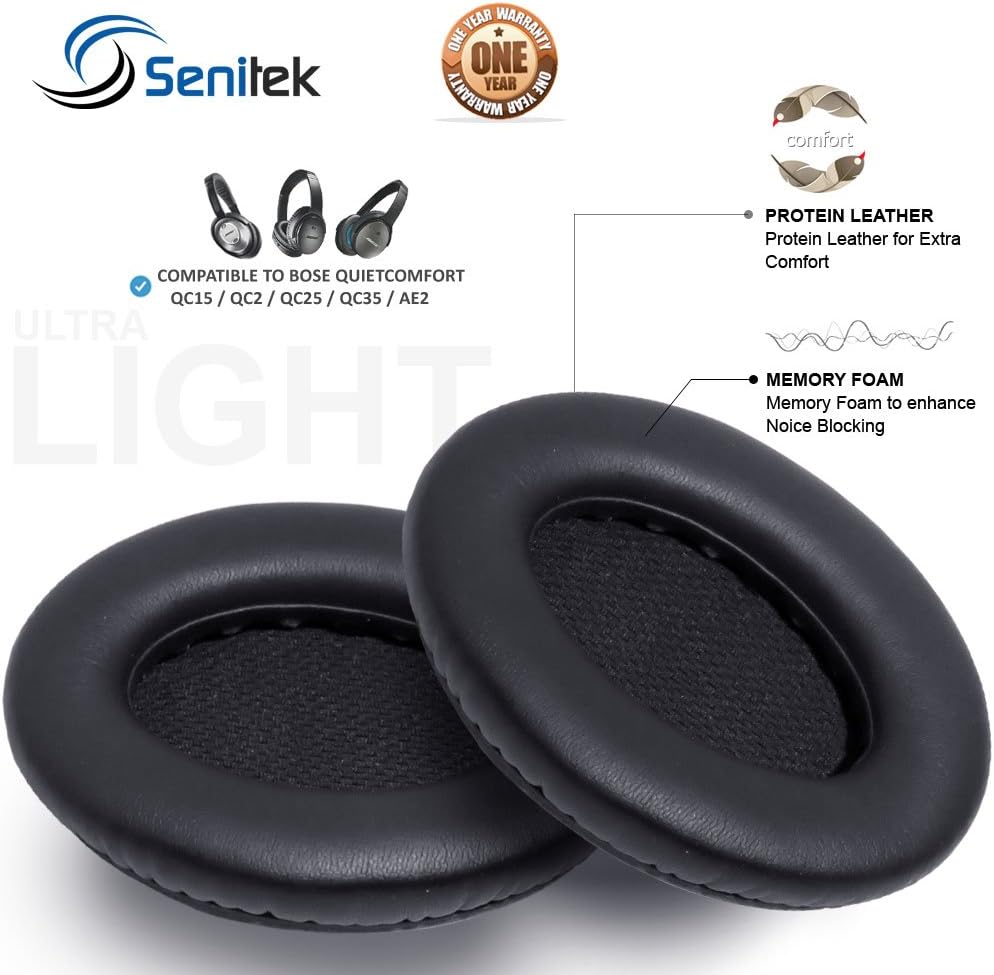 Senitek QC15 / QC2 / QC25 Memory Foam Replacement Ear Cushion for Bose QuietComfort 15/2 / 25 AE2 AE2i AE2w with Soft Protein Leather Over-Ear Earpads