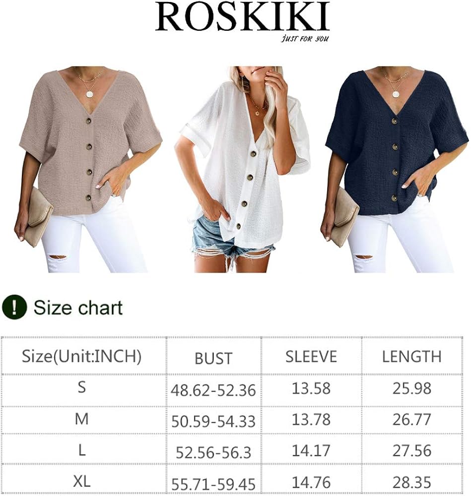 ROSKIKI Women's Button Down V Neck Tops Loose Casual Short Sleeve Shirts Blouses: Clothing
