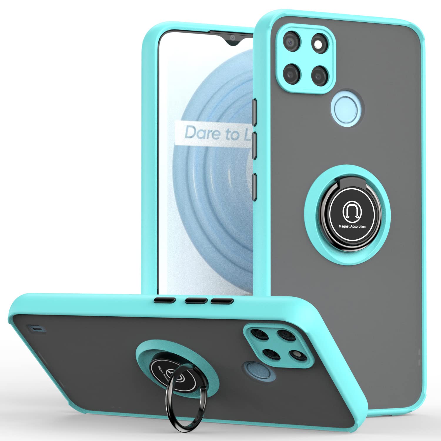 DESSEN Soft Case for Realme C21Y (C21-Y) / Realme C25Y, Thin Silicone TPU+Hard PC Shell with 360 Degree Rotating Ring Stand, Shockproof Sturdy Protection Bumper Cover. Sky Blue