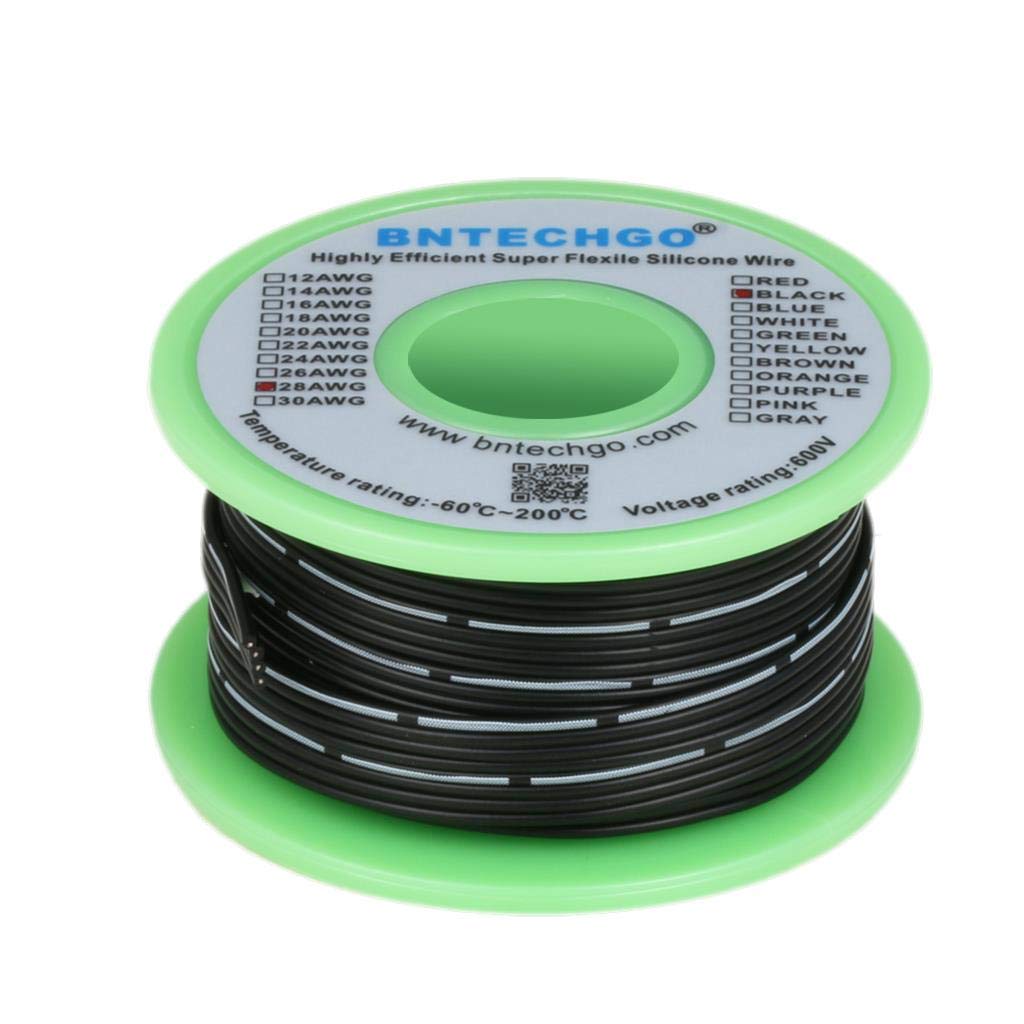 BNTECHGO 28 Gauge Silicone Ribbon Cable Copper Wire 4P Flat Cable 28 AWG Flexible Soft Silicone Rubber Parallel Wire Stranded Tinned Copper Wire 4 Pin Black 25 ft