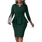 Runwind Plus Size Dresses for Curvy Women, Work Church Professional Office Vintage Peplum Pencil Dress V Neck 3/4 Sleeve