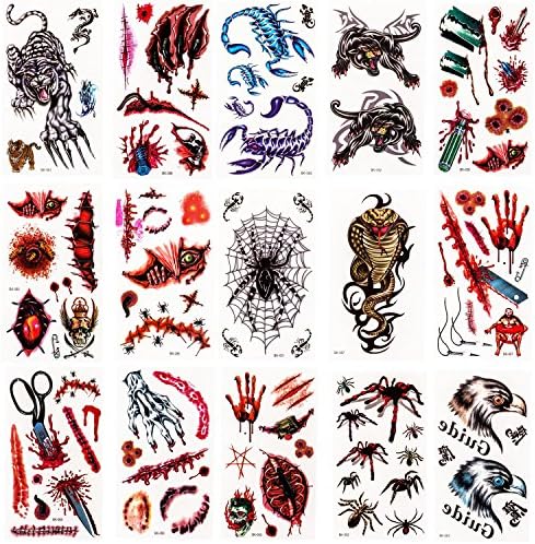 Halloween Body Scar Tattoo Temporary Stickers Waterproof Bleeding Wound Party Cosplay Costume,Easy to Apply and Long Lasting for Kids and Adults(15 sheets)