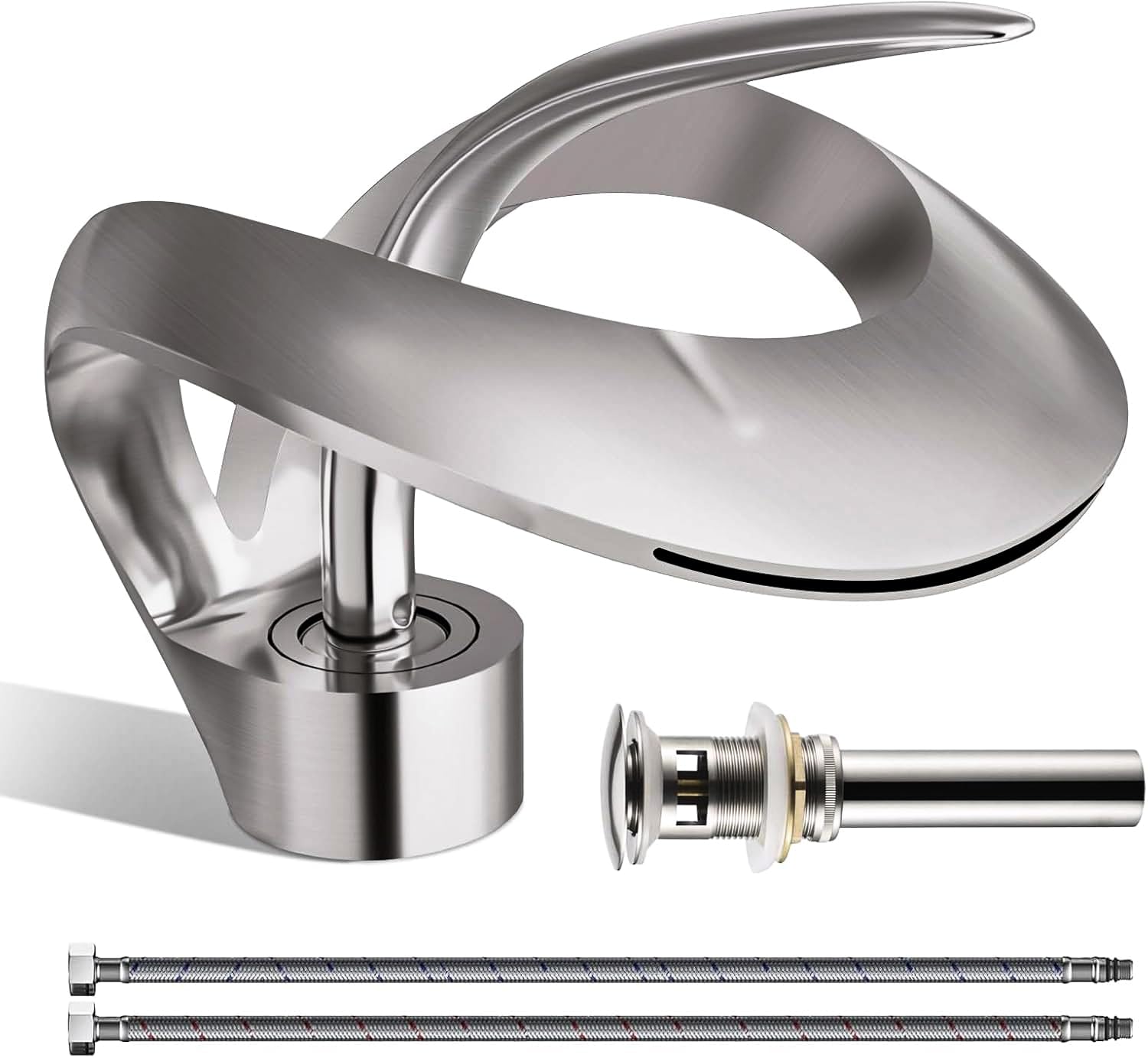 Photo 1 of Elegant Bathroom Sink Faucet Single Hole,AUU Waterfall Brushed Nickel Vanity Sink Faucet Solid Brass,Single Handle Basin Tap with Pop Up Drian Supply Line (Brushed Nickel, Short)