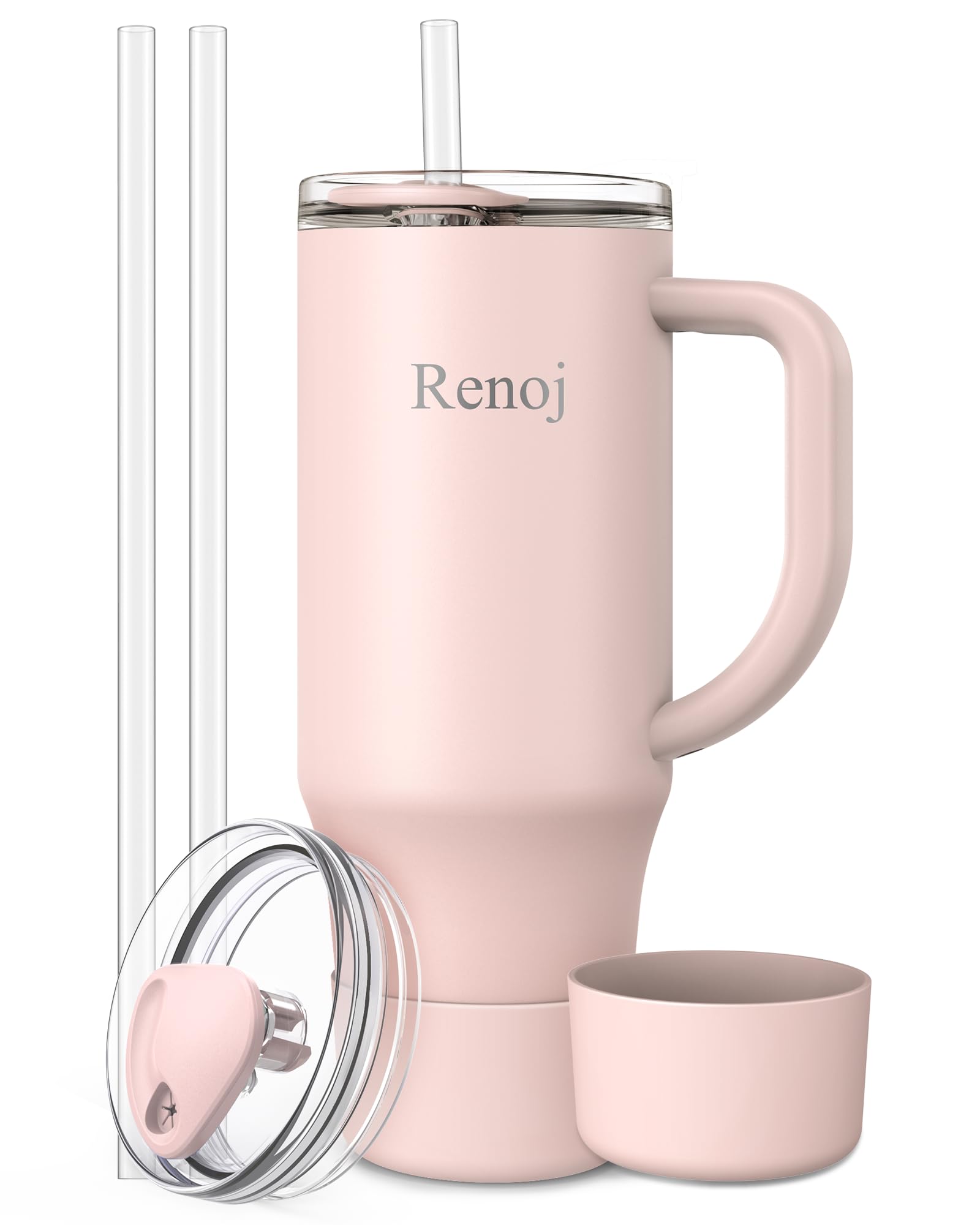 Renoj Insulated Mug 100% Spill Resistant Insulated Water Bottle for Iced Coffee & Hot Drinks - Fits Car Cup Holder, Ideal Gift, 2 Straws & Silicone Boot - FlexSlide Light Pink 32 oz Image
