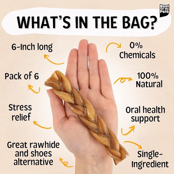 BEST FOR MY PETS BRAIDED BULLY STICKS FOR DOGS (6 INCH, 6 PACK) – PREMIUM LONG LASTING DOG CHEW TREATS TO KEEP PUPPIES AND DOGS HAPPILY BUSY – DOG DENTAL CHEWS – FULLY DIGESTIBLE RAWHIDE-FREE TREATS