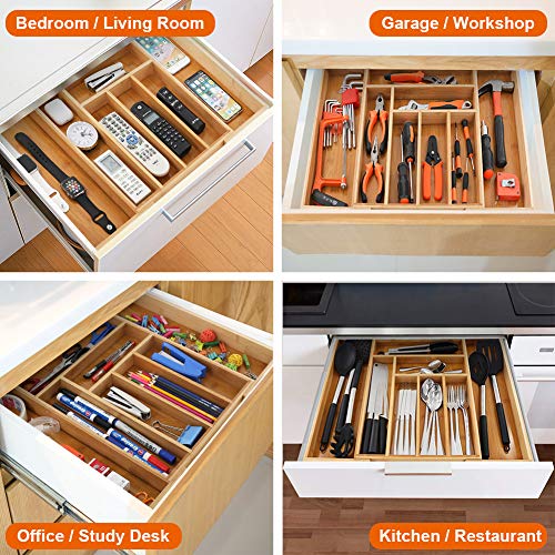 Bamboo Expandable Drawer Organizer for Kitchen, 100% Eco Friendly Adjustable Drawer Divider Holder for Silverware Tray, Cutlery, Utensil, Stationery, 8 Compartments - Thumbnail 7
