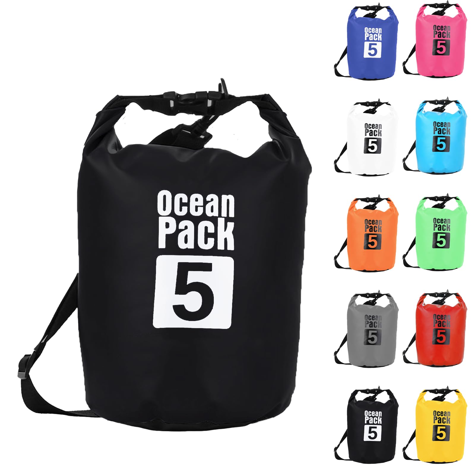 Dry Bag 5L, Boat Dry Bags Black Waterproof Bag Dry Sack Roll Top Long Adjustable Shoulder Strap 2L/5L/10L/20L/30L/40L for Drifting Boating Kayaking Fishing Rafting Swimming Camping Canoeing Surfing