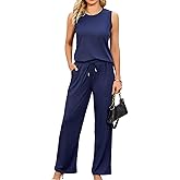 difficort Women's 2 Piece Outfits Sleeveless Ribbed Knit Top and Pants Lounge Sets Tracksuits with Pockets