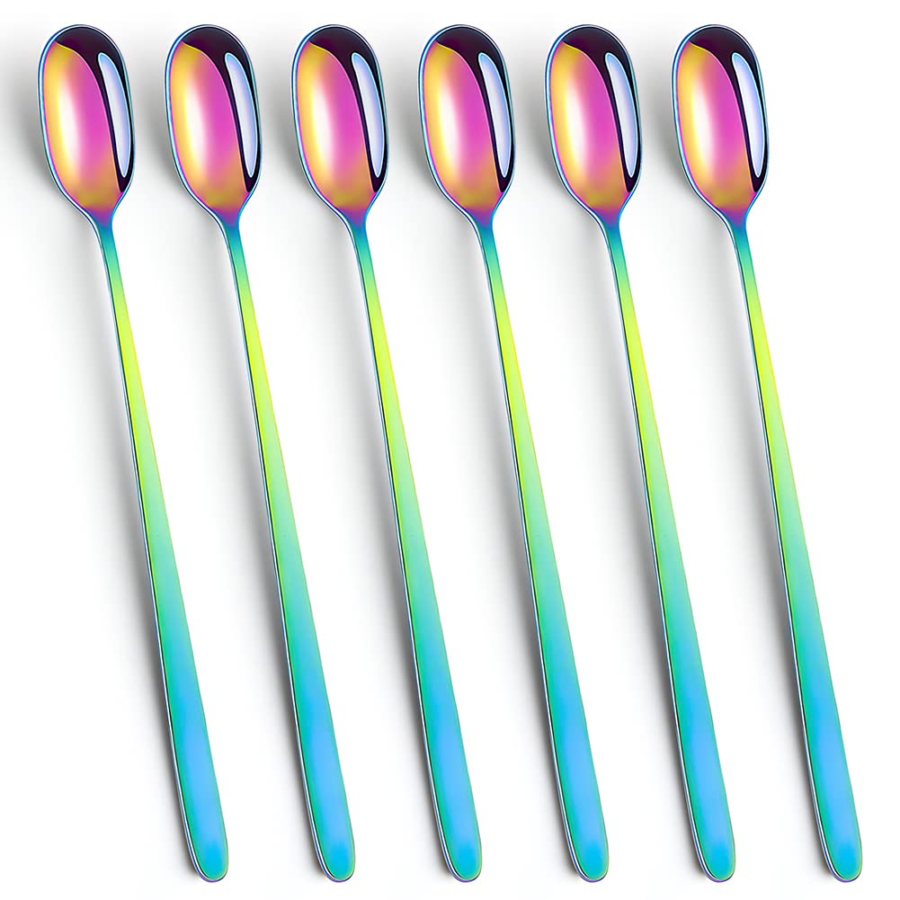 YFWOOD Long Handle Spoons, Set of 6 Stainless Steel Latte Spoons, Ice Cream Sundae Spoon Ideal for Latte Coffee,Espresso, Hot Chocolate, Hot Drinks, Dishwasher Safe, 23cm / 9 inch (Rainbow)