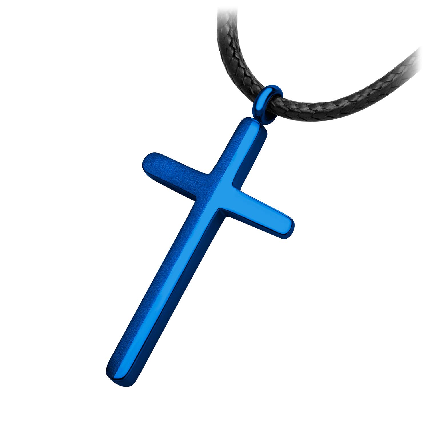 555Jewelry Stainless Steel Pendant Blue Cross Necklace for Men, Mens Cross Necklace, Cross Chain for Men, Black Rope Necklace, Boys Cross Necklace - Adjustable Leather Cord Rope