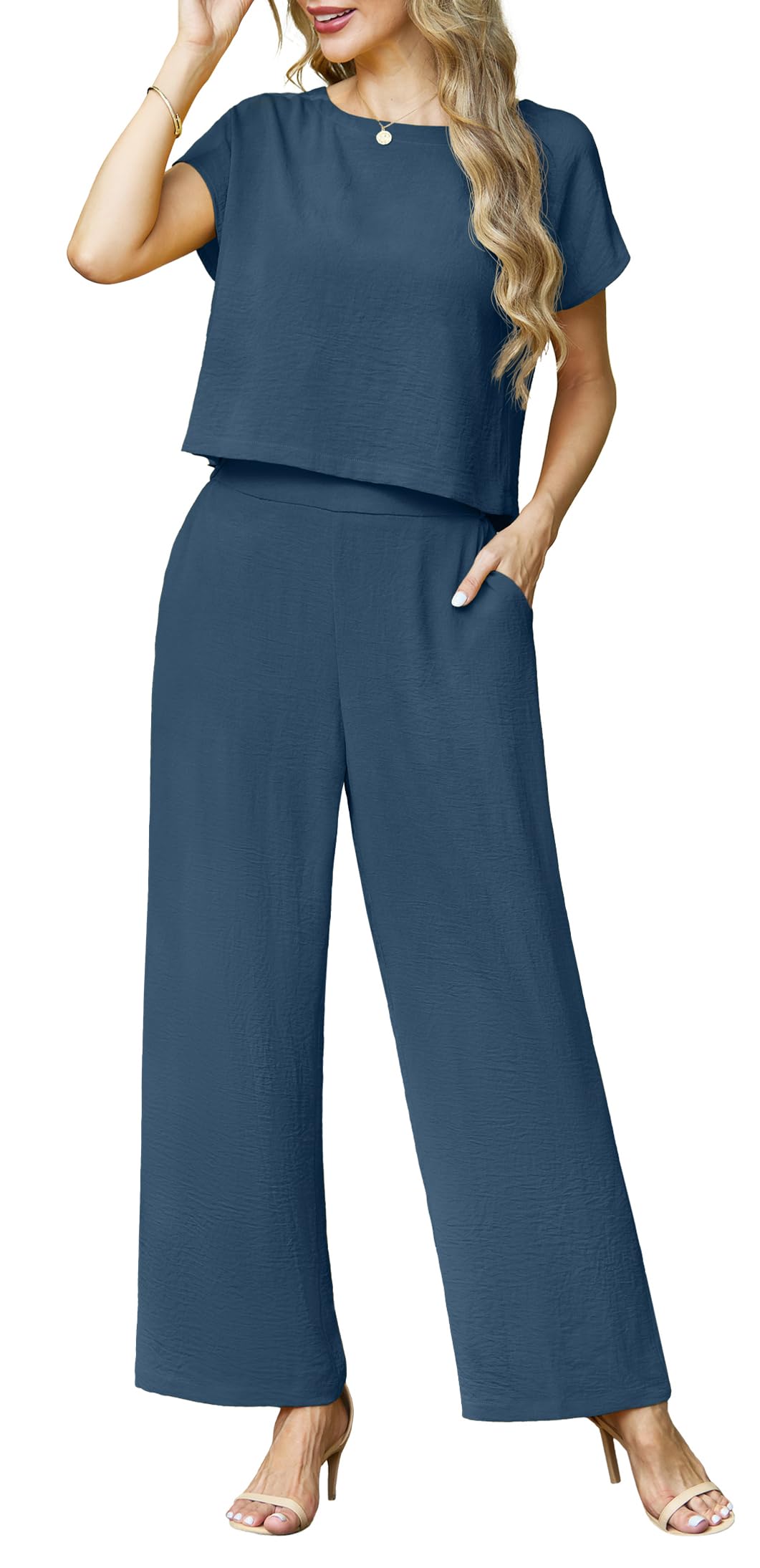 Photo 1 of Lepunuo Women's Summer 2 Piece Outfits Cap Sleeve Crop Tops Wide Leg Pant Sets Casual Tracksuit