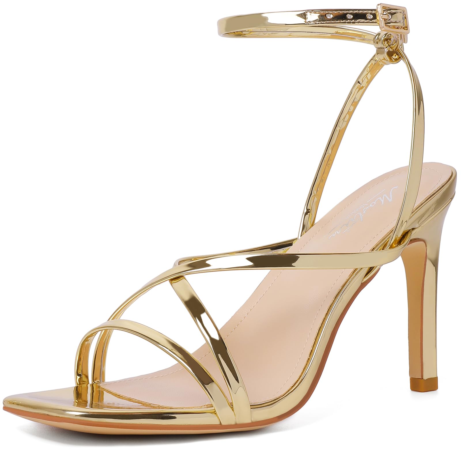 Photo 1 of Mostrin Gold Strappy Heels for Women Open Square Toe Ankle Strap Stiletto Lace Up Heeled Sandals Sexy Comfort Dress Shoes Wedding Bridal Sandals Size 6