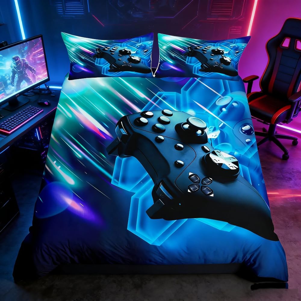 Gamepad Duvet Cover Boys Video Game Bedding Set for Kids Teens Youth Galaxy Gaming Controller Comforter Cover Gamer Blue Hexagon Geometric Decor Bedspread Cover with 2 Pillowcases 3Pcs Bedding King