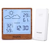 Raddy WF-50T Wireless Weather Station, Dark Wood Frame | Indoor outdoor thermometer hygrometer, 5.0 inch display, battery powered, sensor