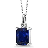 Gem Stone King 925 Sterling Silver Gemstone Birthstone and White Diamond Solitaire Pendant Necklace for Women | Emerald Cut 9X7MM and Round 2MM | With 18 Inch Chain | Fine Jewelry for Her Mom Wife
