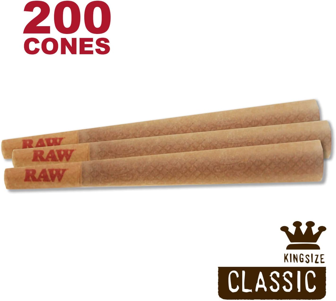 RAW 200 Classic King Size Cones - W Gallery Scoop Sticker - Discreet Box - Pure Hemp 109mm Pre Rolled Cones - 26mm Filter Tips - Natural Brown Unbleached Unrefined Rolling Papers - Bulk Pack Bundle