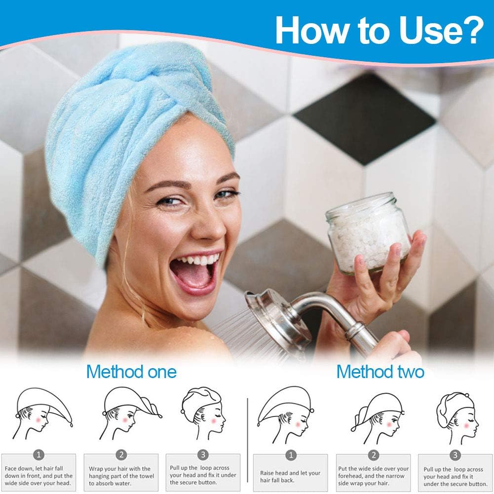 Microfiber Hair Towel with Button - pocova Original Magic Instant Hair Dry Wrap for Women Rapid Drying Hair Turban, 3 Pack Hair Care Cap for a Bath 3 Color (Blue Pink and Grey): Kitchen & Dining