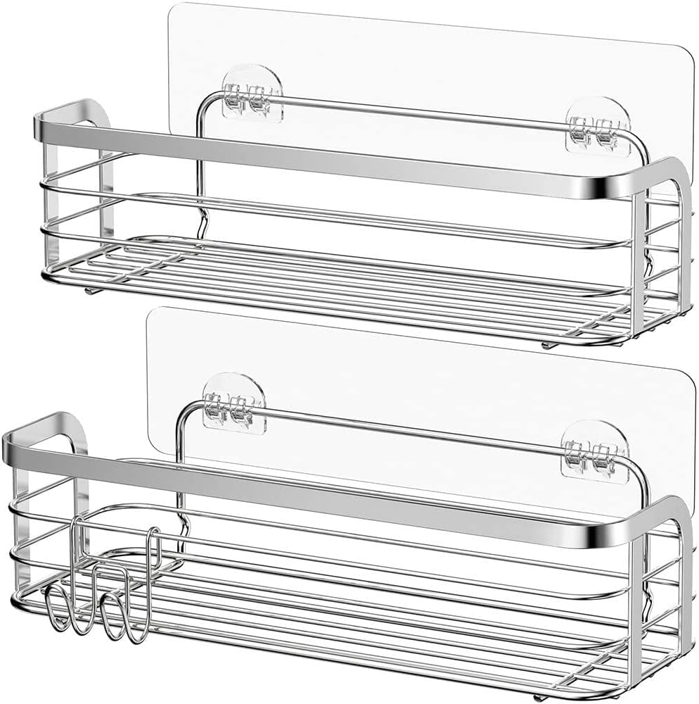 Avoalre Shower Shelf Adhesive 2 Pack Bathroom Caddy No-drilling With Movable Razor Hook Rustproof Organiser Basket Wall Mounted Stainless Steel SUS304 Storage Silver
