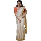 Kerala Traditional Set Saree Ready To Wear for Women In Pure Cotton With 3 Inch Golden Kasavu Border