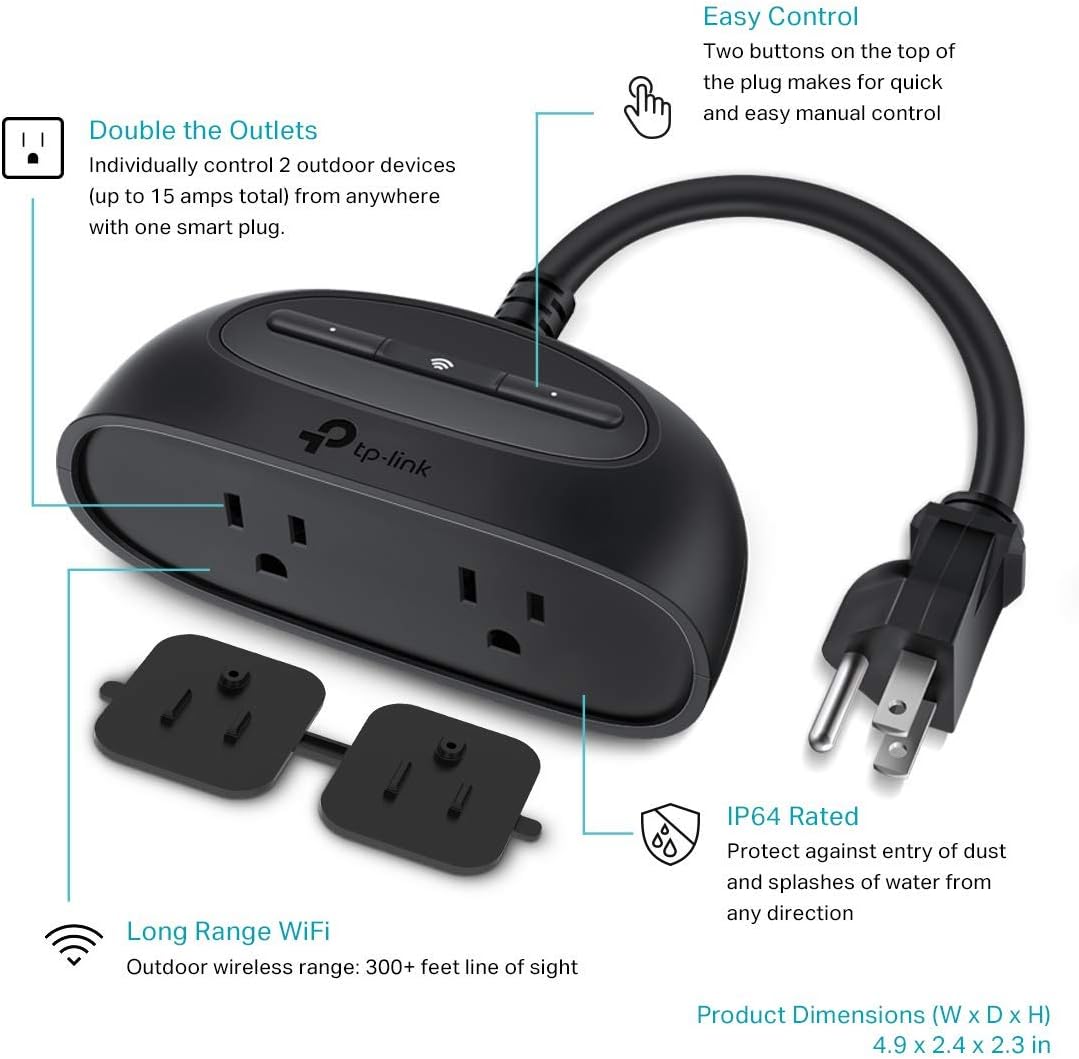 Kasa Outdoor Smart Plug by TP-Link, Smart Home Wi-Fi Outlet with 2 Sockets, Works with Alexa & Google Home, No Hub Required, Remote Control, Sunset & Sunrise Offset (KP400) - - 