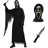 Halloween Scream Costume for Adults with White Mask, Knife Prop | Scream Mask, Black Mens/Womens Robe, Killer Cosplay Set, Scary Halloween Costumes
