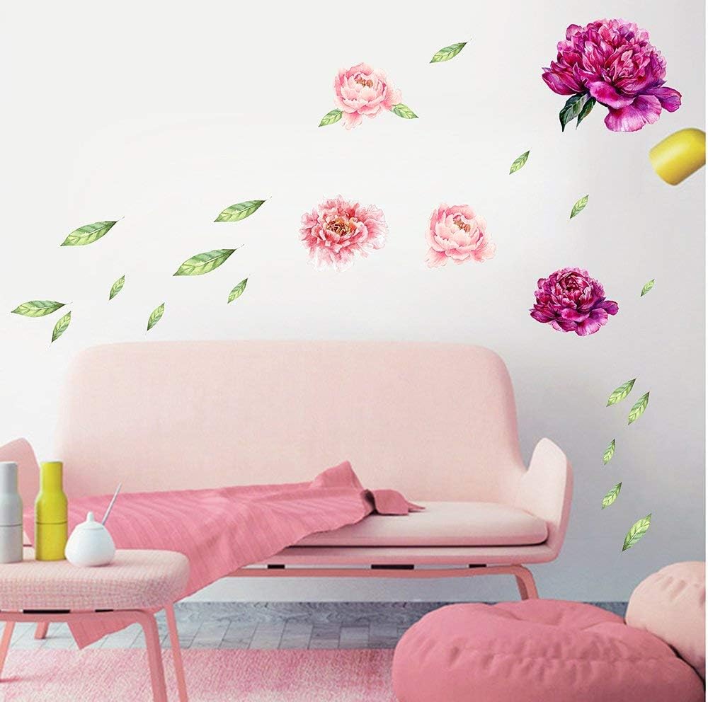 Peony Flowers Wall Decals Garden Flowers Wall Decals Peel and Stick Removable Wall Stickers Decals for Living Room Bedroom Kitchen 15.8"x 23.7"