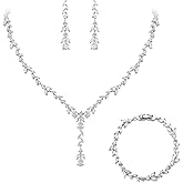 EVER FAITH Bridal Jewelry Set for Women Bride, Elegant Leaf Marquise Teardrop Cubic Zirconia Y-Shape Necklace Dangle Earrings Bracelet for Wedding Banquet Party