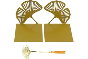 Hoxfly 1 Pair Metal Bookends, Heavy Duty Hollowed Gold Gingko Book Ends with Ginkgo Bookmark for Heavy Books, Decorative Book