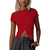 Cioatin Women Button Down Open Front Short Sleeve Crop Tee Tops Y2K Crew Neck Slim Fit Ribbed Cardigan Tshirt Workout