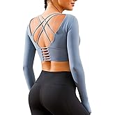 ECUPPER Women Long Sleeve Workout Tops Backless Yoga Gym Shirts Athletic Crop Top with Built in Bra for Fitness Sports