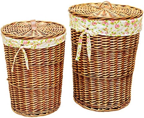Wicker Round Laundry Basket Hamper with Lid, Kingwillow.(Set of 2, Brown)